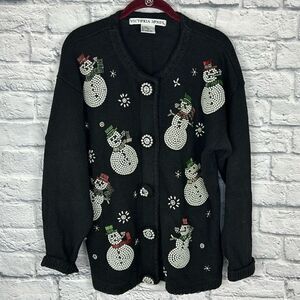 Victoria Jones VINTAGE Pearl Beaded Snowman Black Holiday Cardigan Size Small